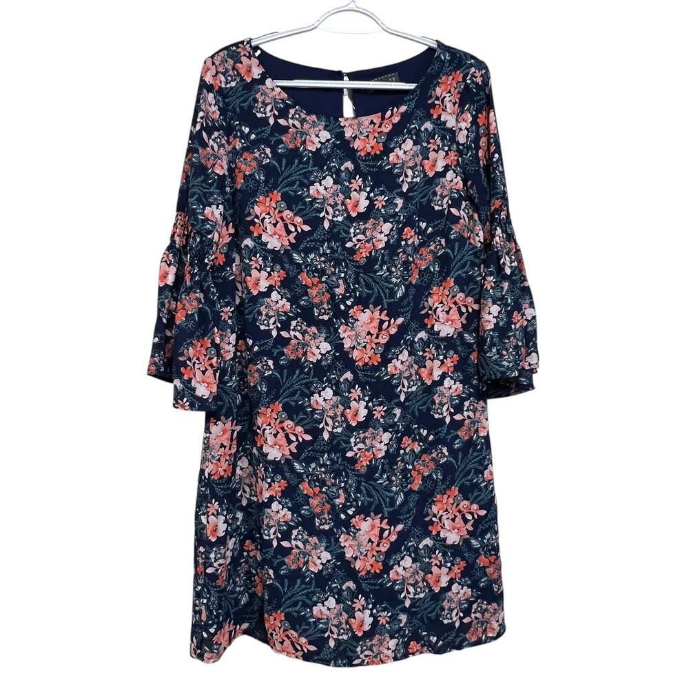 Luxology Floral Shift Dress Women Size 6 Navy Bell Sleeve Mini Dress Lined